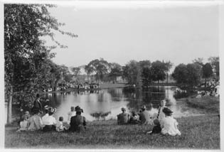 Families gathered at the pond