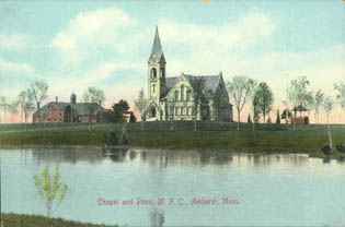 Early Drill Hall, Chapel, band stand and campus pond at Mass. Aggie