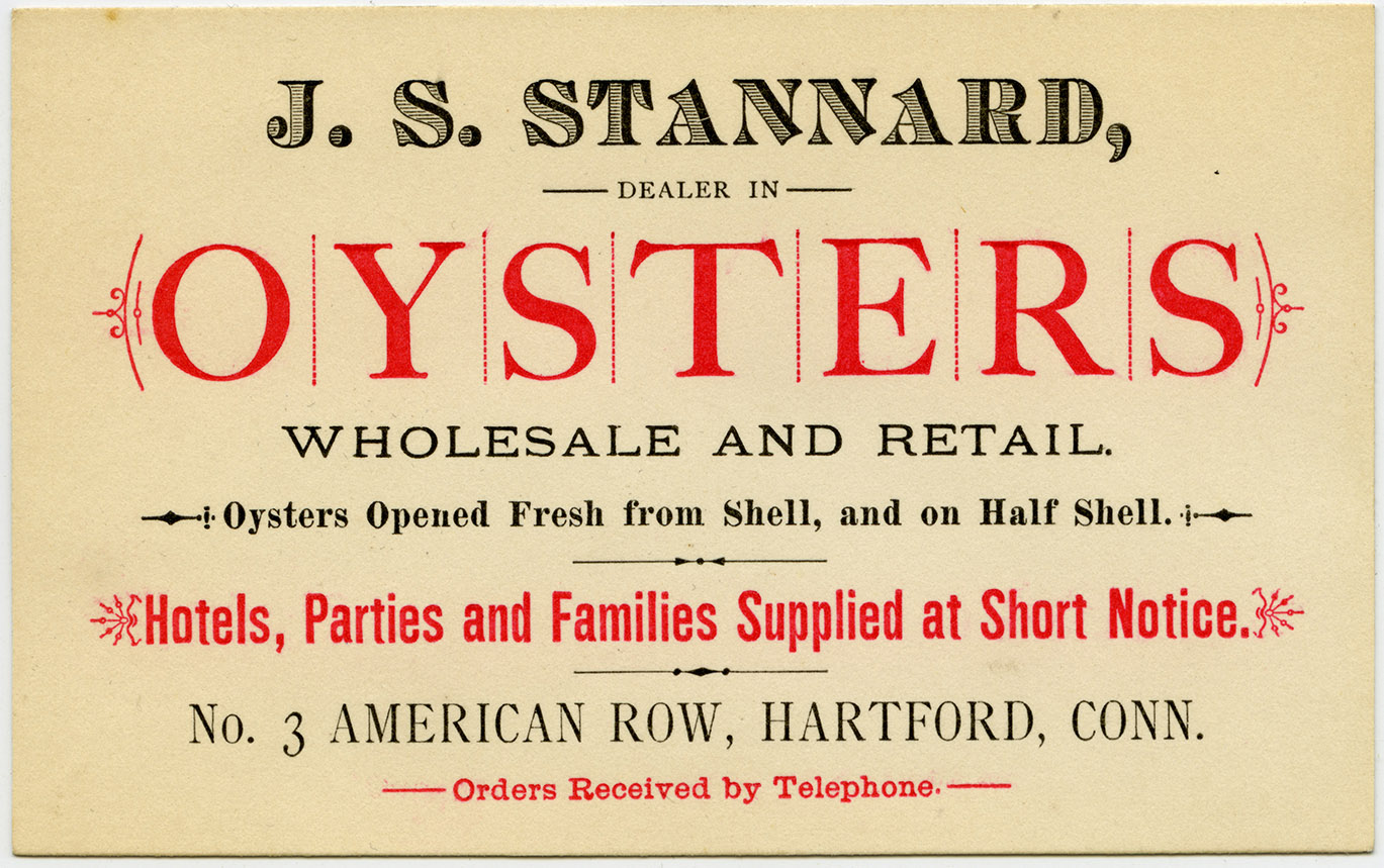 
An image of: Business card for J.S. Stannard's wholesale and retail oysters, ca.1885