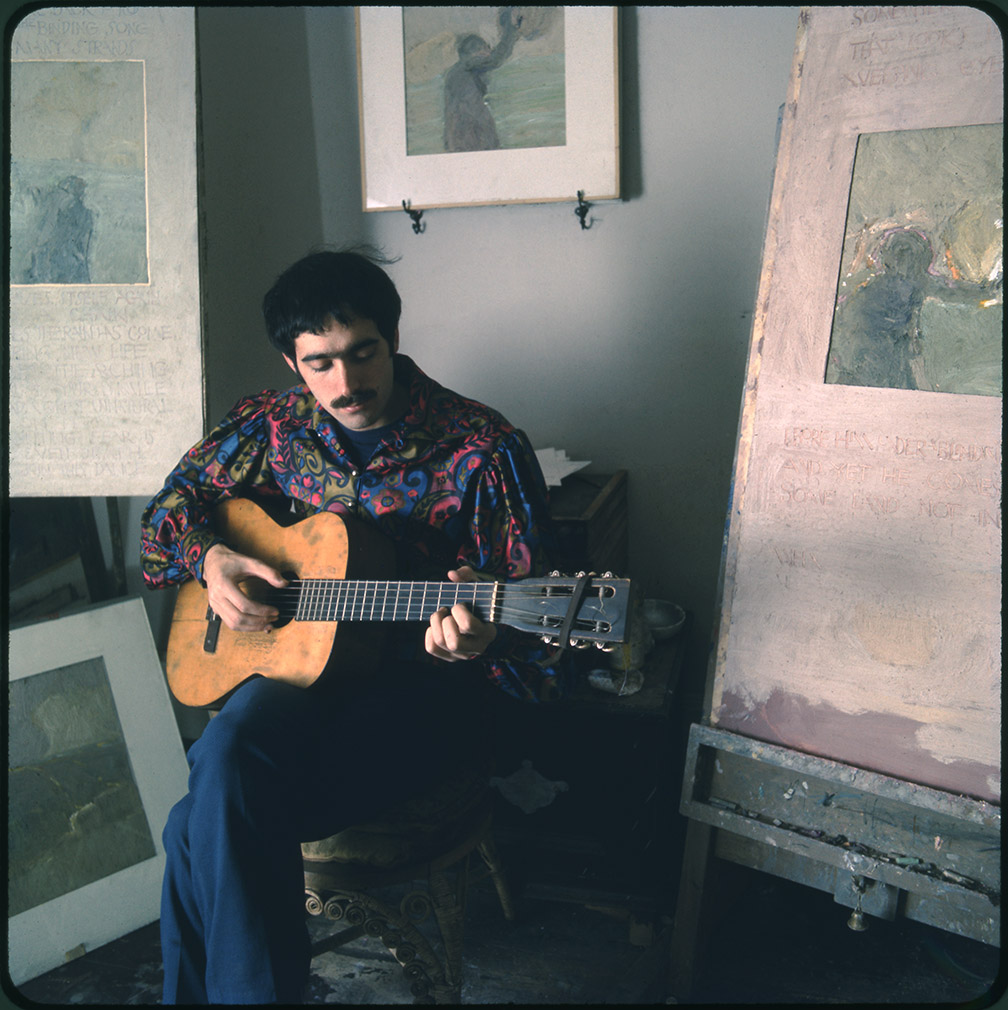 Depiction of Jim Kweskin playing guitar at Fort Hill, 1967