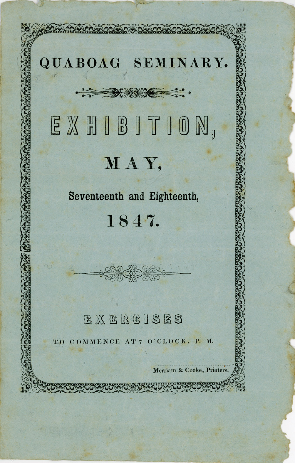Depiction of Program of the student exhibition, Quaboag Seminary, 1847