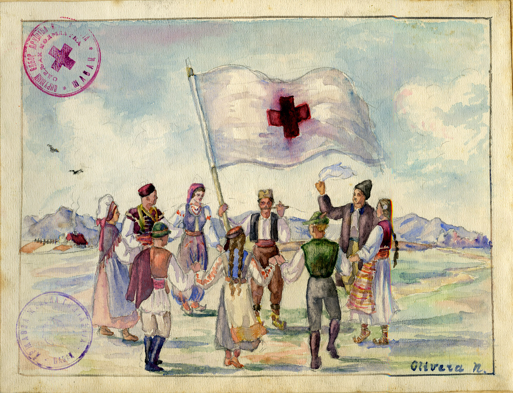 Depiction of Dancing the hora around a Red Cross flag, 1946