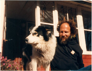 Depiction of Steve Diamond and border collie at Montague Farm, ca.1980