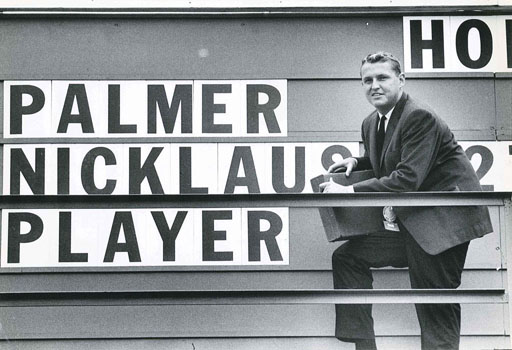 Depiction of Mark H. McCormack in front of leaderboard, ca. early 1960s