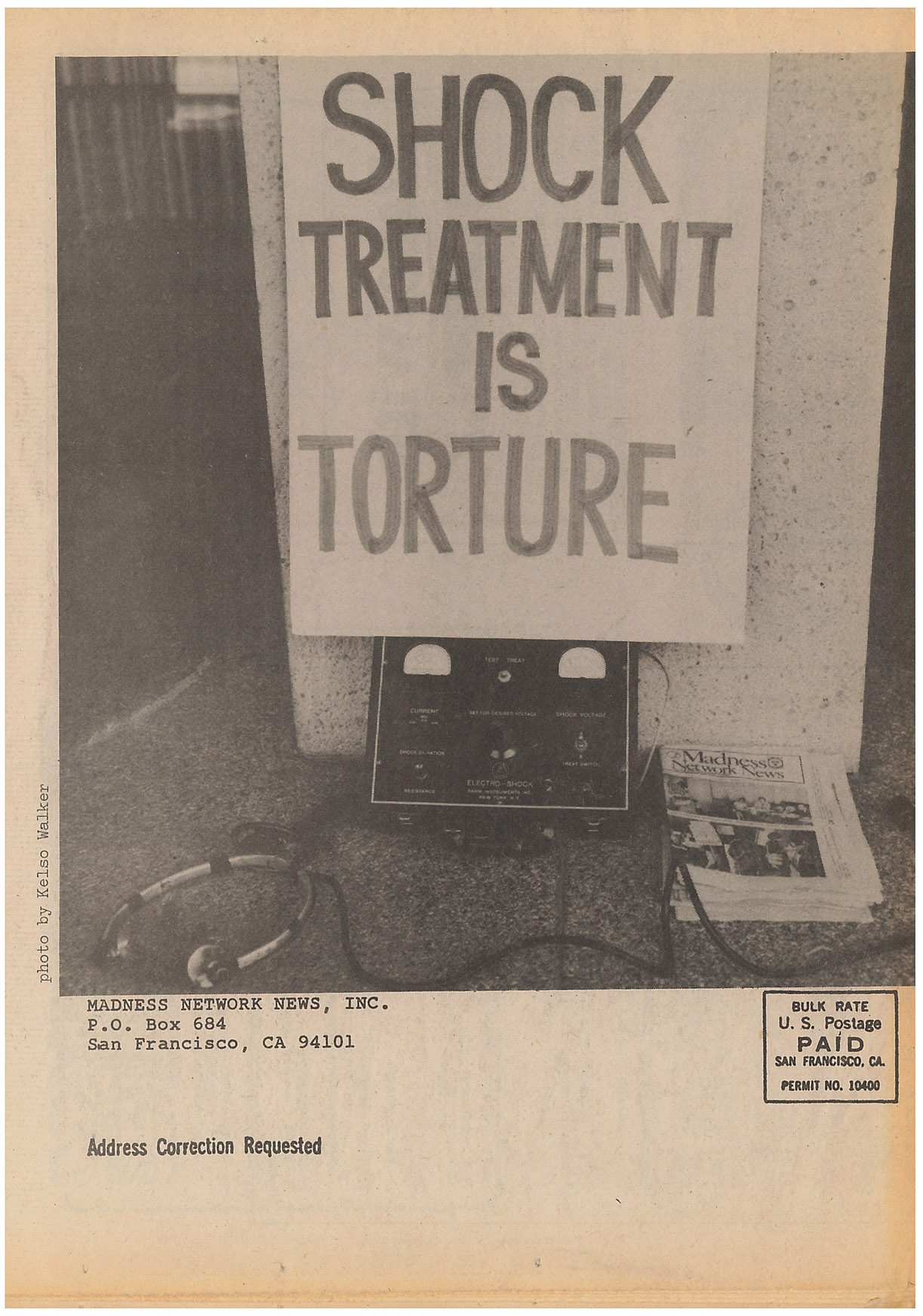 Depiction of Backpage of Madness Network News, Spring 1978, Vol. 4: No. 6. Photo by Kelso Walker.