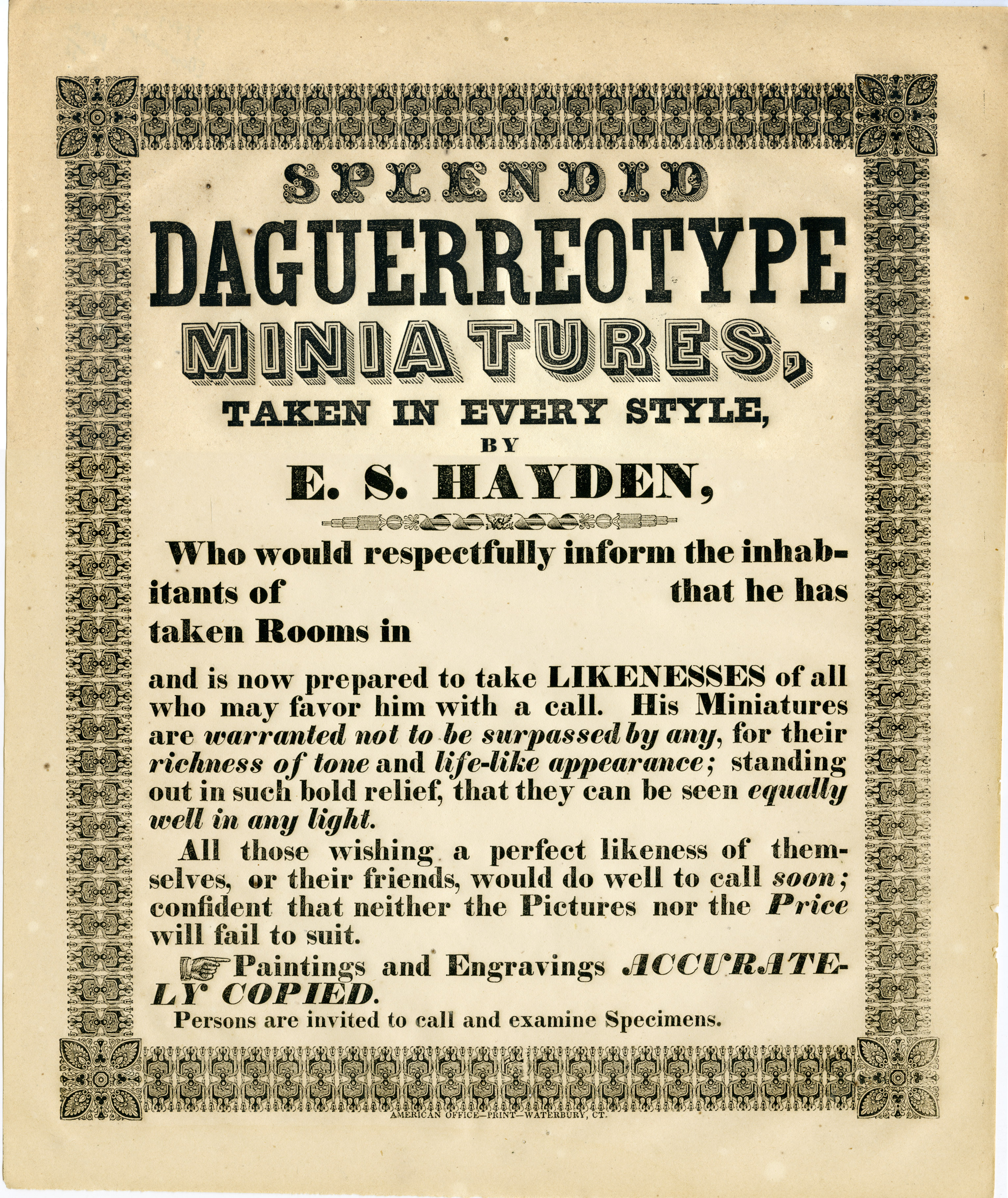 Depiction of Advertisement for E. S. Hayden's daguerreotypes, ca.1850